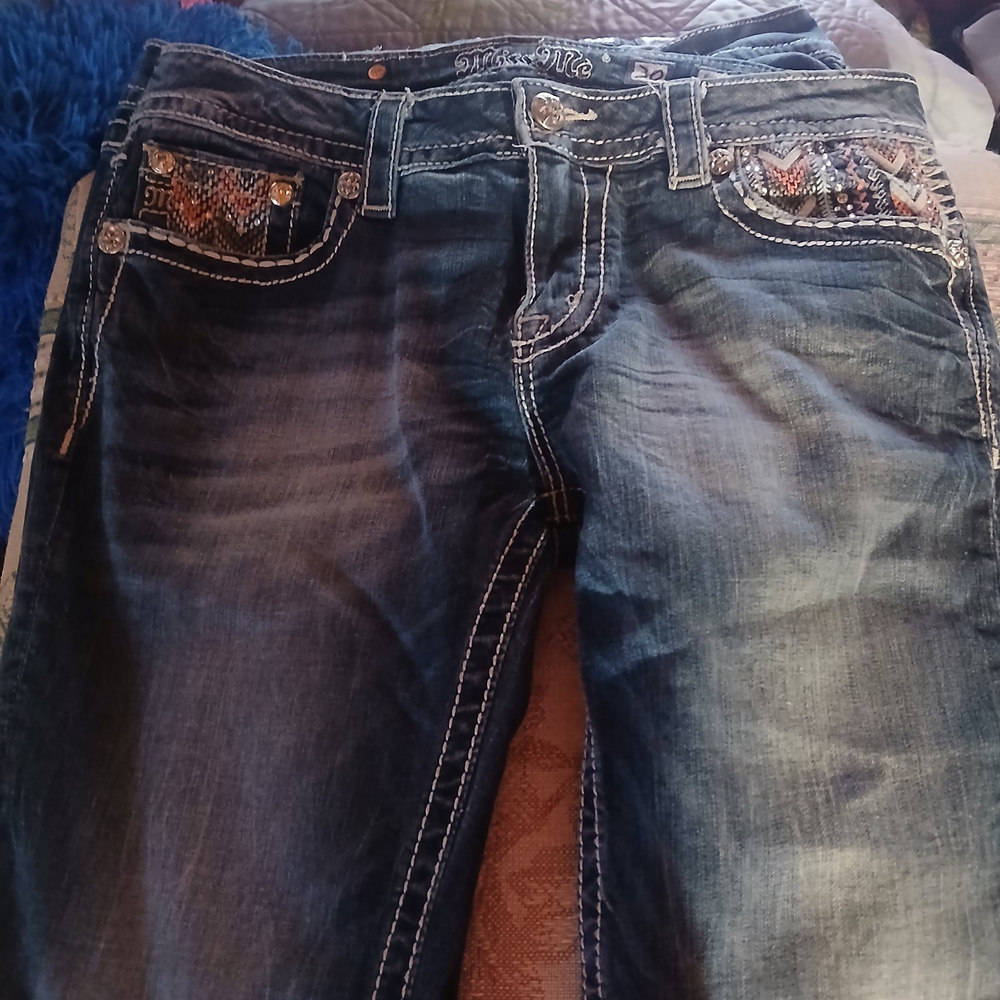 Miss Me Dark Blue Boot Cut Jeans with Embellished Pockets